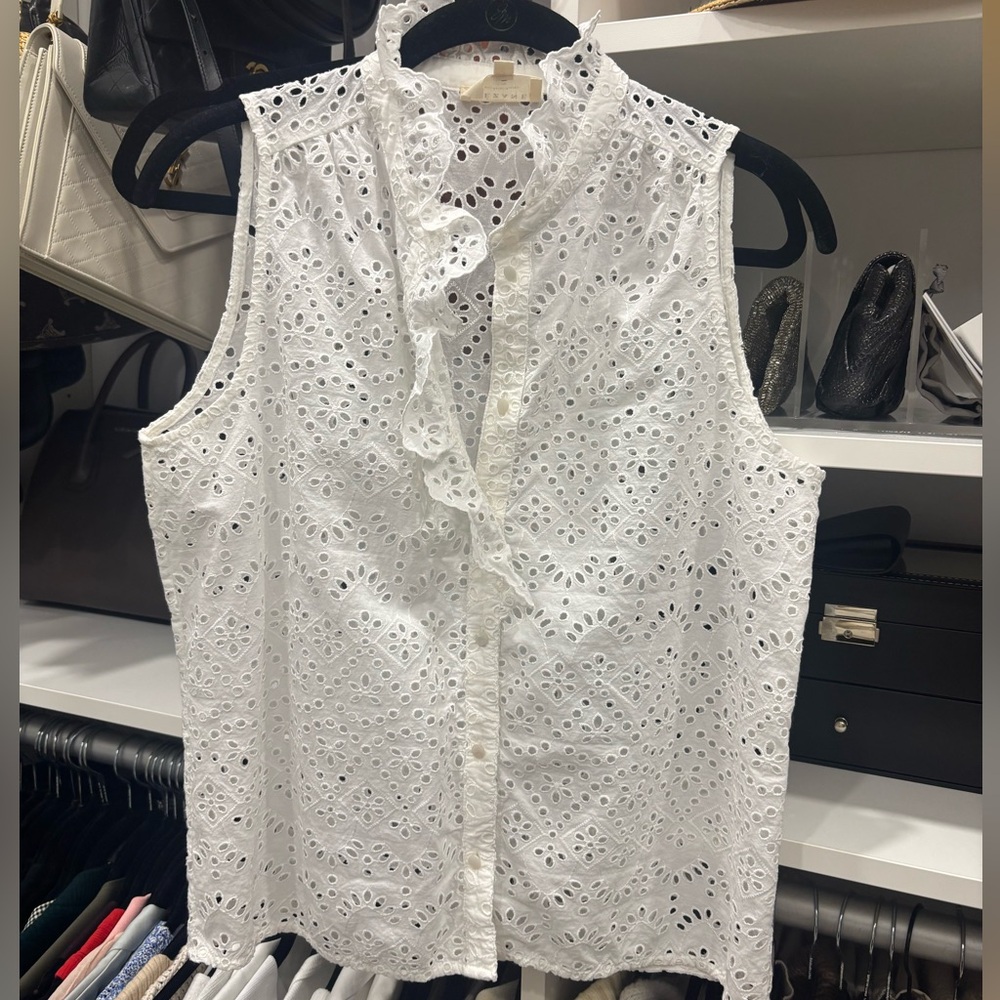 Sezane White Eyelet Ruffle Blouse